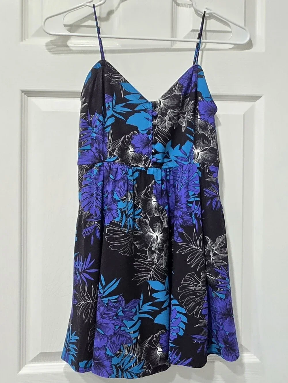 Express Womens Black Blue Purple Floral Tropical Print Mini Dress Pockets Sz XS